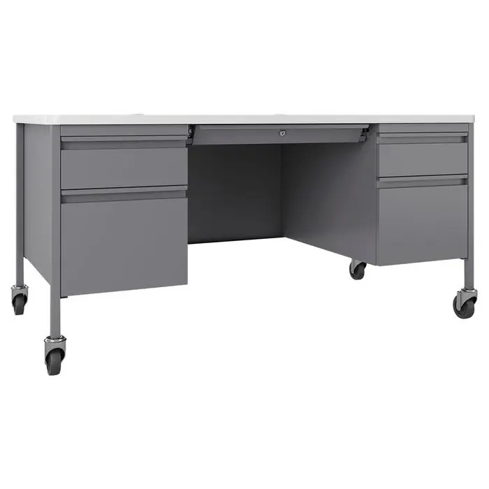 Limited Time Lorell Fortress White/Platinum Steel Teachers Desk, Double Pedestal, Mobile, 60 x 30 x 29-1/2 Inches, White/Platinum